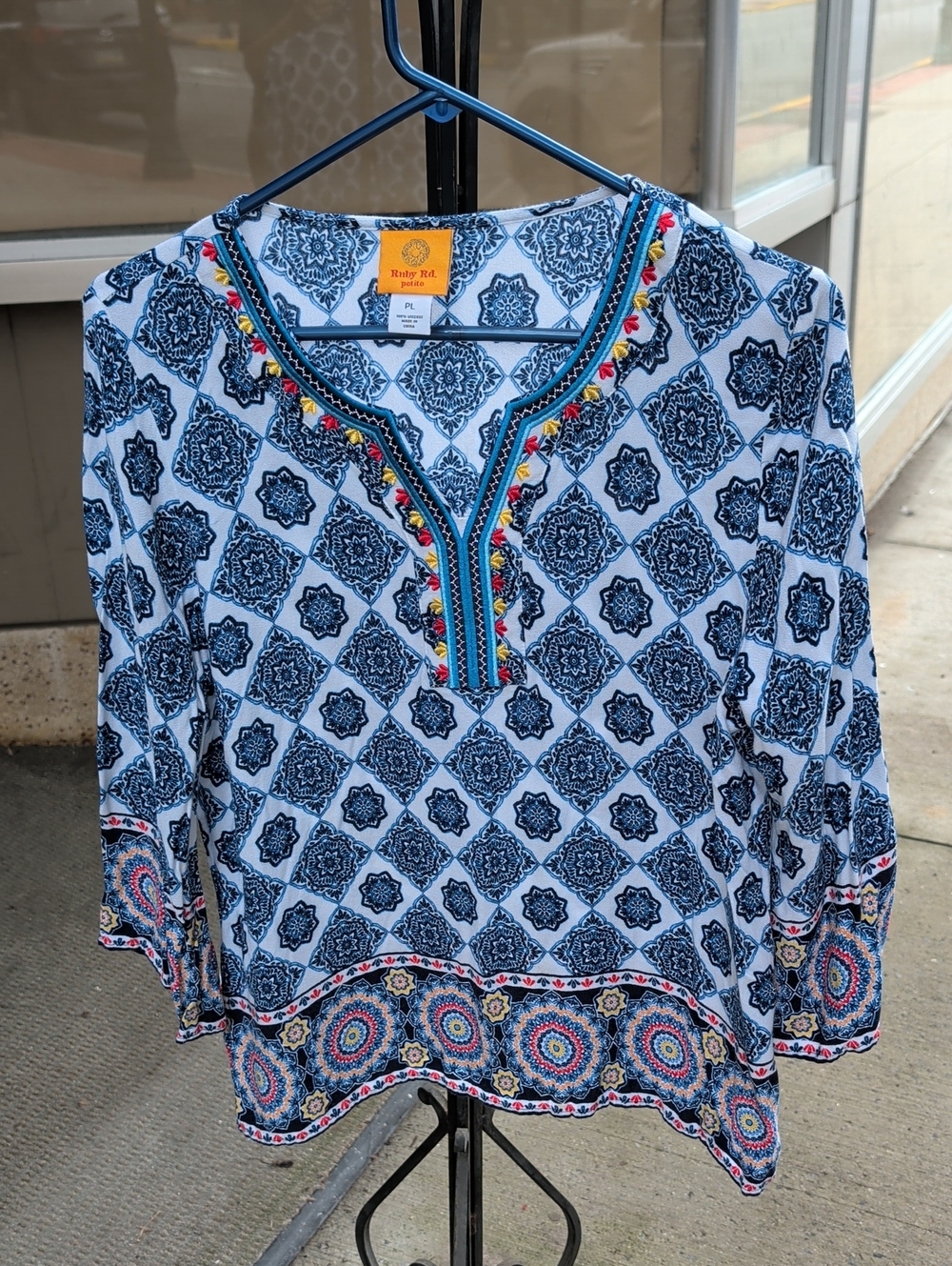 Ruby Rd. Light Blue Navy Patterned Embroidered Tunic